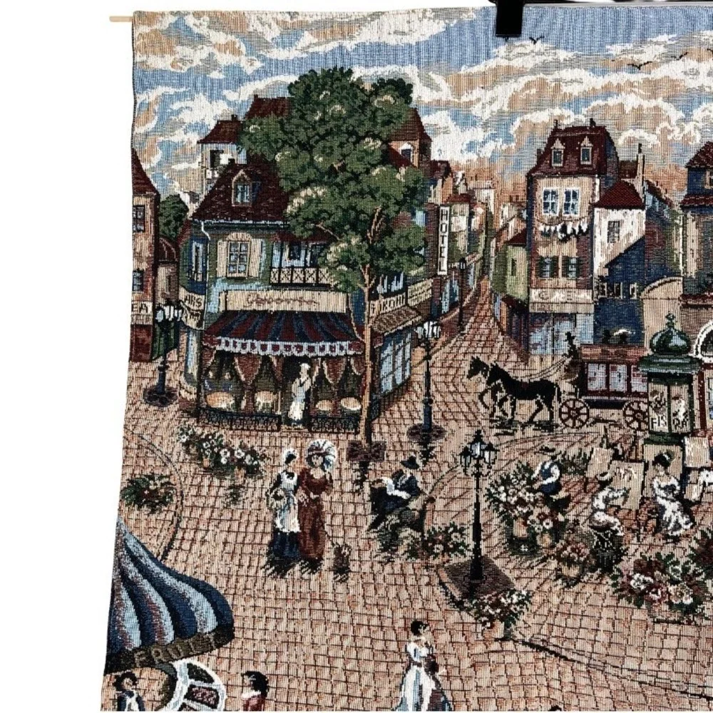 Vintage Woven Parisian Street Scene Tapestry Wall Hanging Cafe Patisserie 34x27
